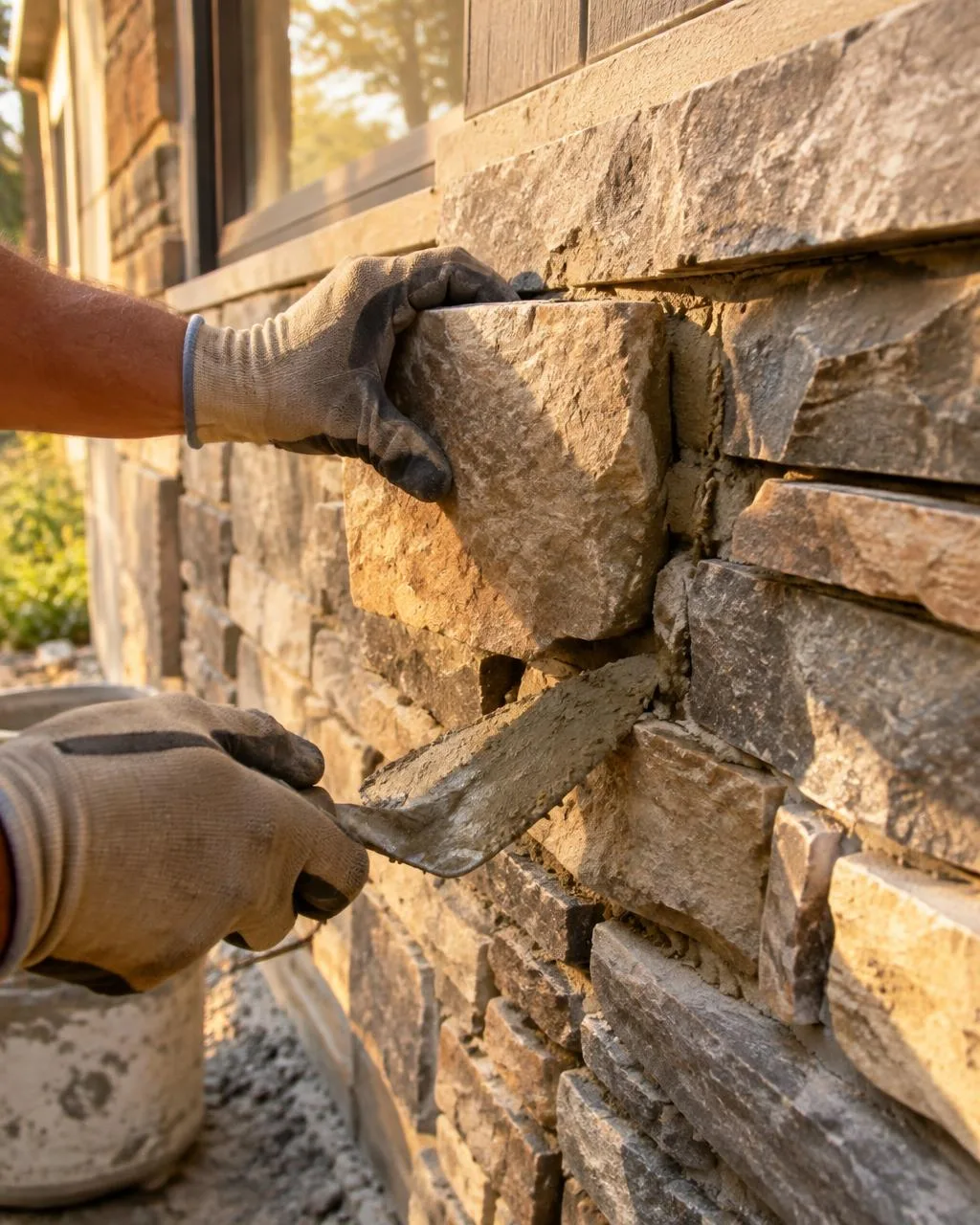 Gloved hands setting a natural stone on a house wall with a trowel and mortar