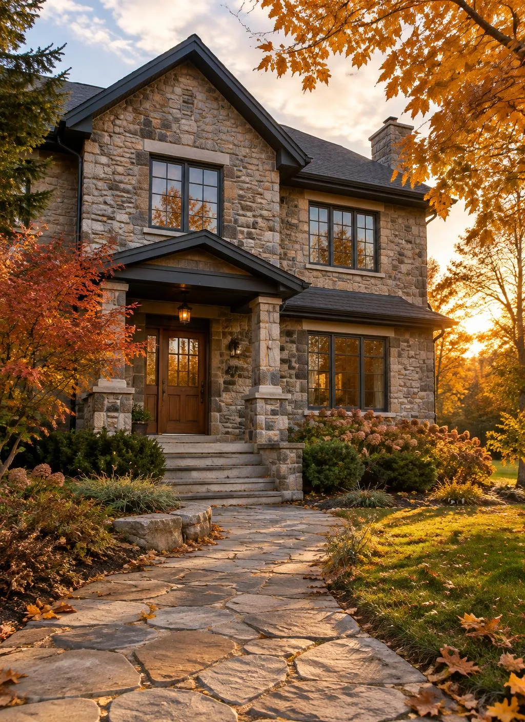 Two-storey stone-faced home with a stone walkway and front steps among autumn trees