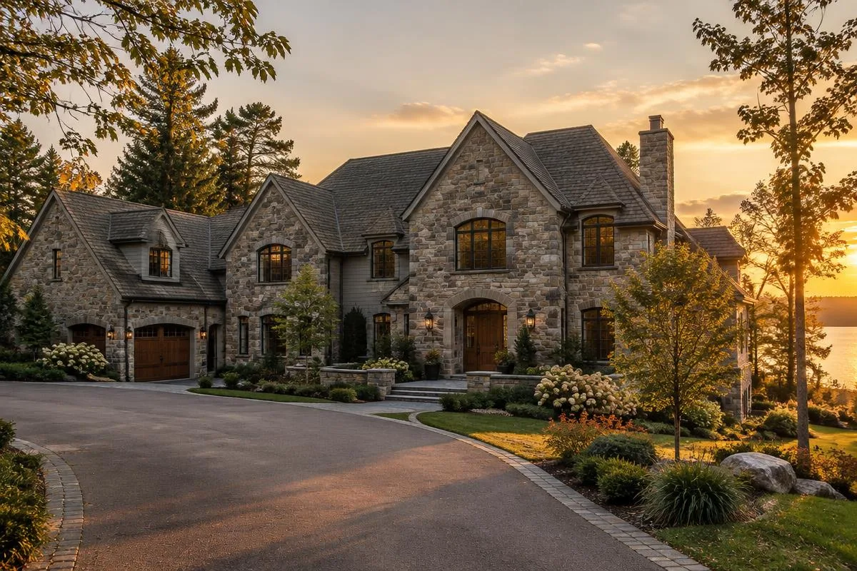 Two-storey home with a full natural stone exterior at golden hour