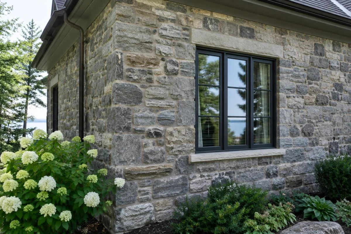 Corner of a natural stone house facade with a black-framed window