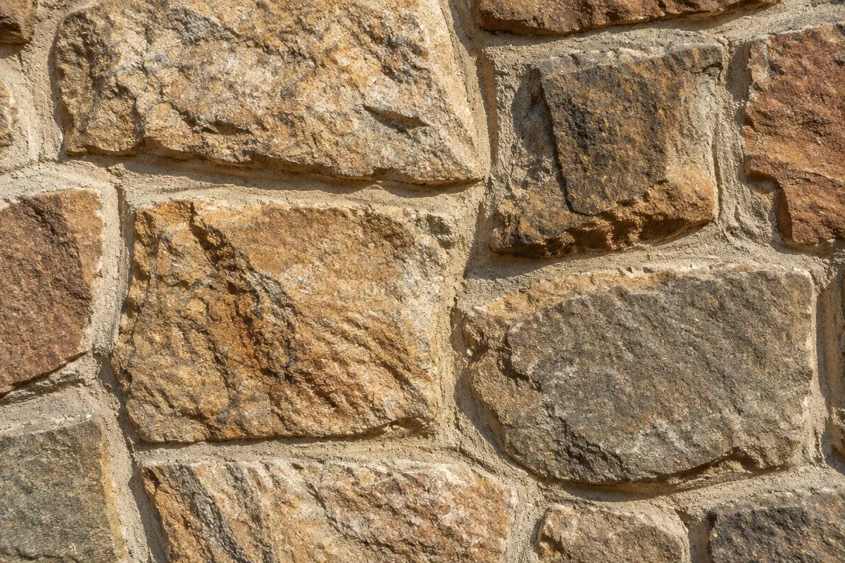 Close-up of natural stone wall texture and mortar joints