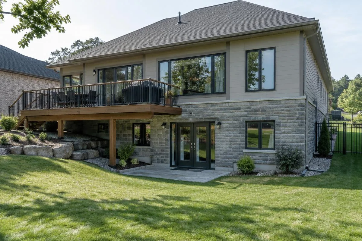 Back of a home with a stone foundation and basement walkout