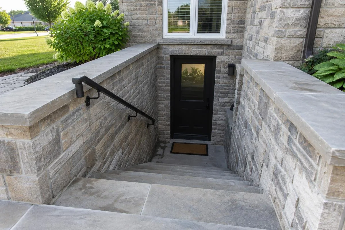 Stone basement entry steps between stone side walls