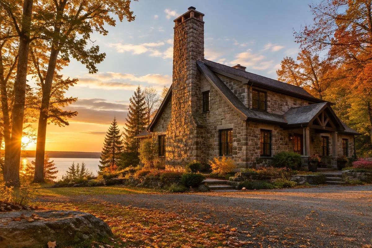 Stone home with a tall natural stone chimney in autumn
