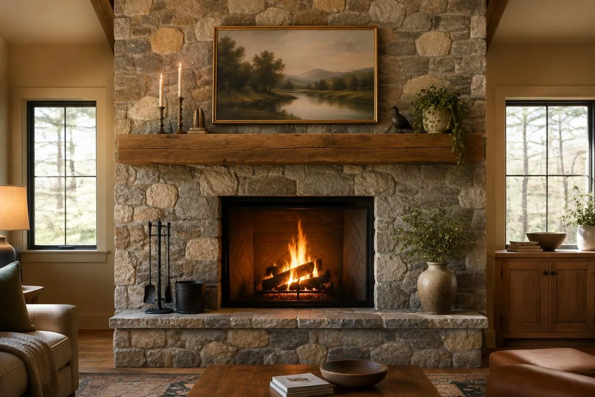 Floor-to-ceiling natural stone fireplace with a wood mantel
