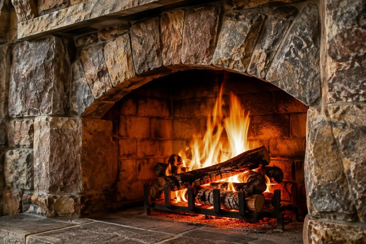 Close-up of a stone fireplace arch with a glowing fire