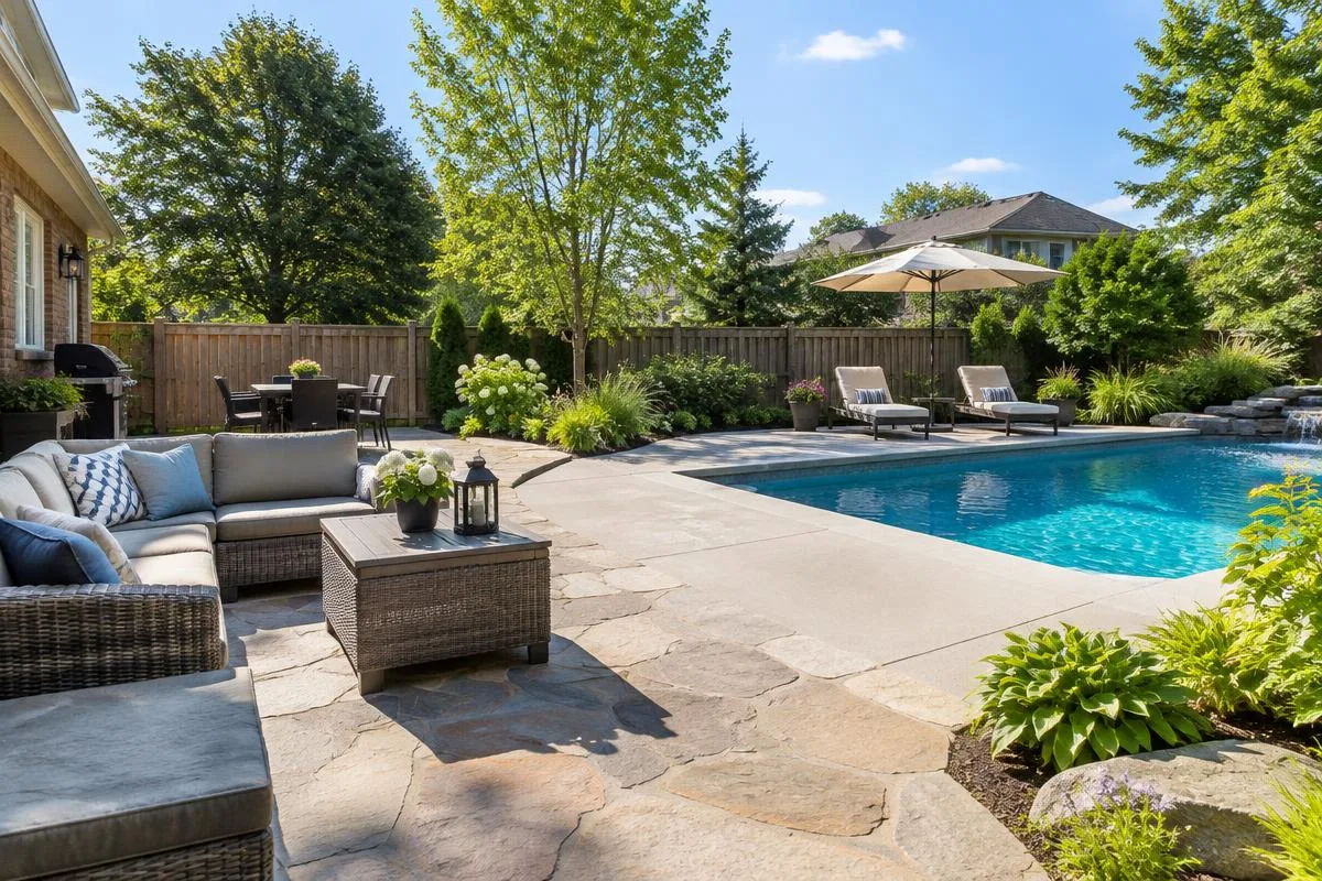Backyard flagstone patio and pool deck on a sunny day