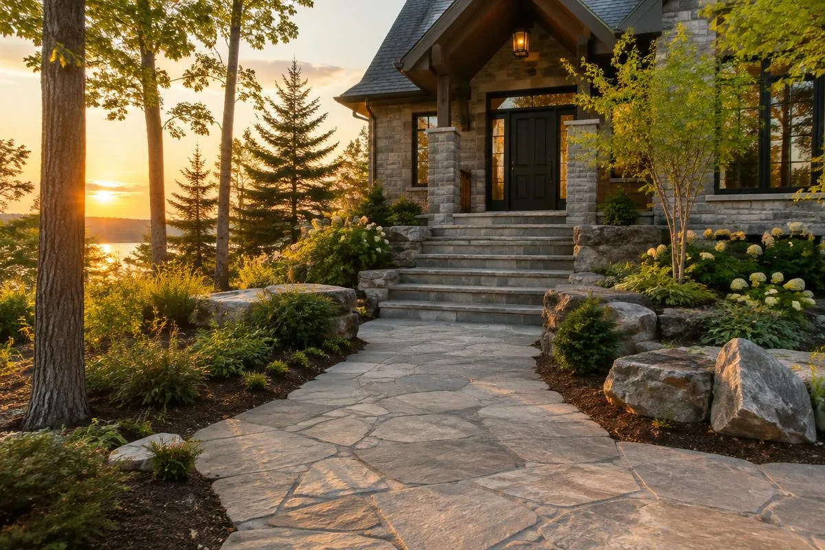Natural stone walkway leading to stone front stairs