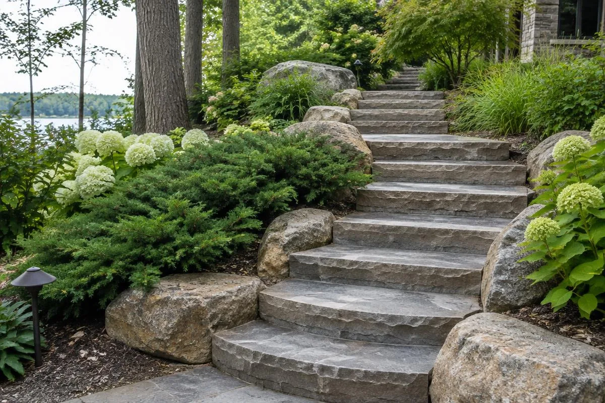 Natural stone garden stairs winding through landscaping