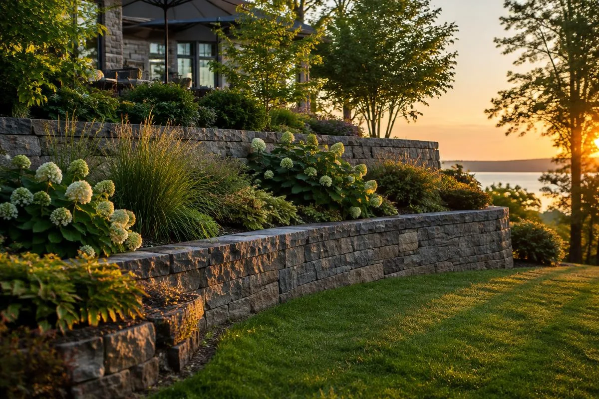 Tiered natural stone retaining walls in a landscaped yard