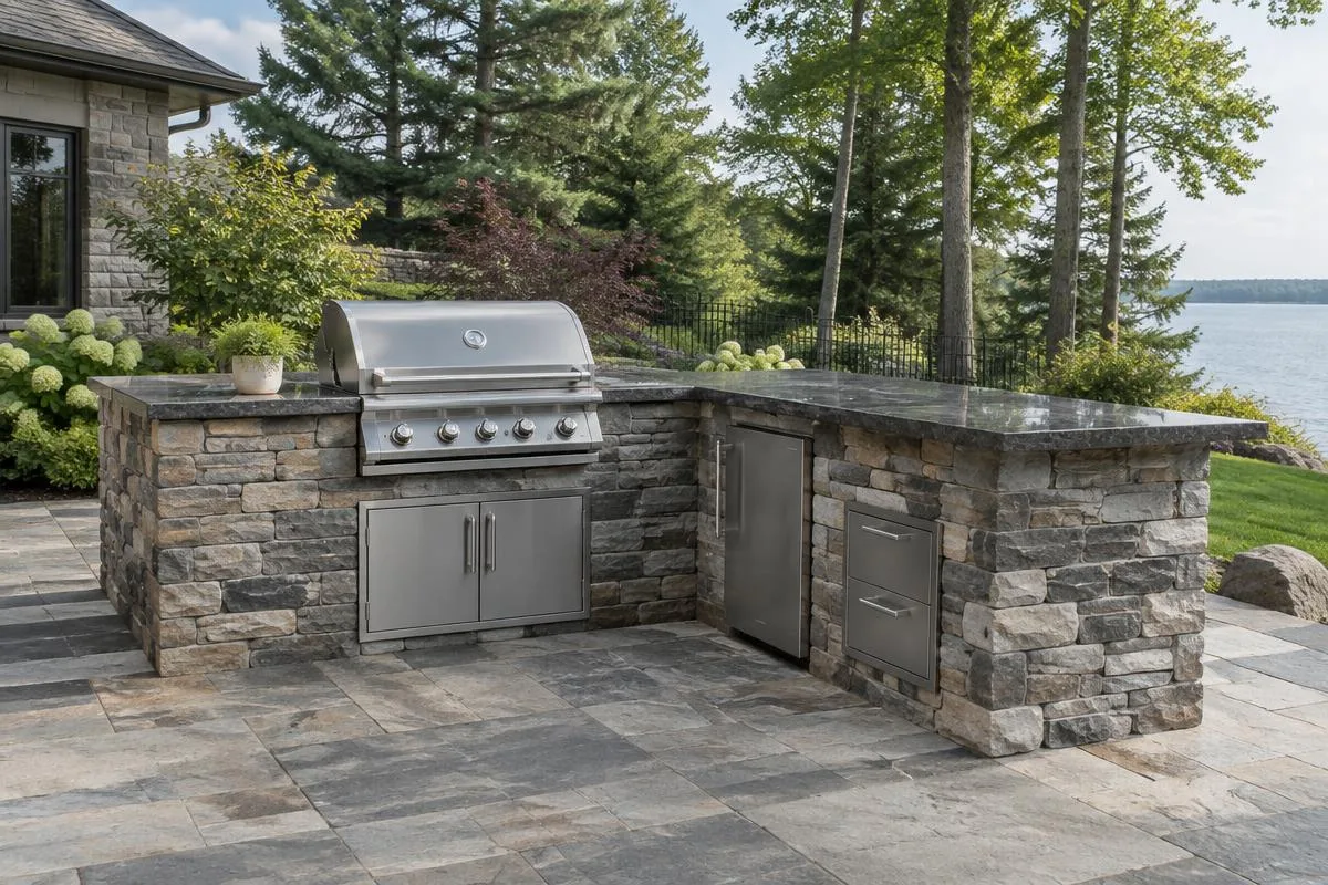 Stone outdoor kitchen with a built-in grill on a stone patio