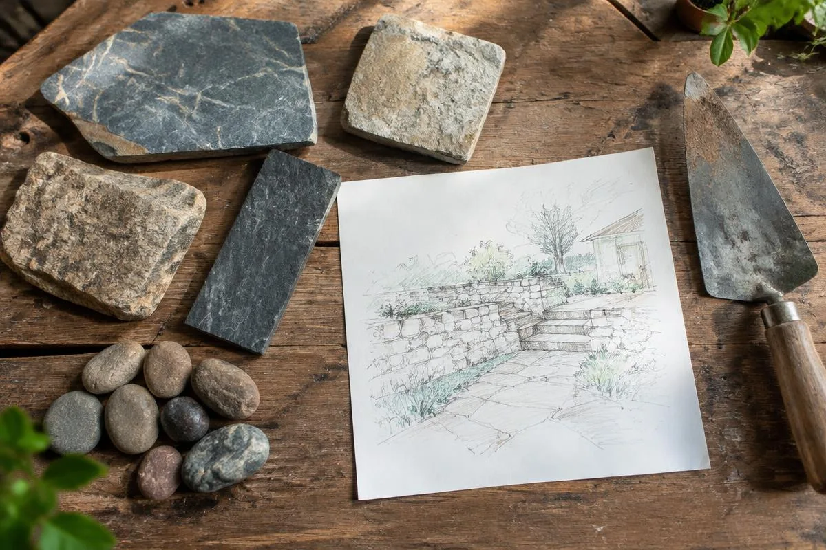 Stone samples and a site sketch on a workbench beside a trowel
