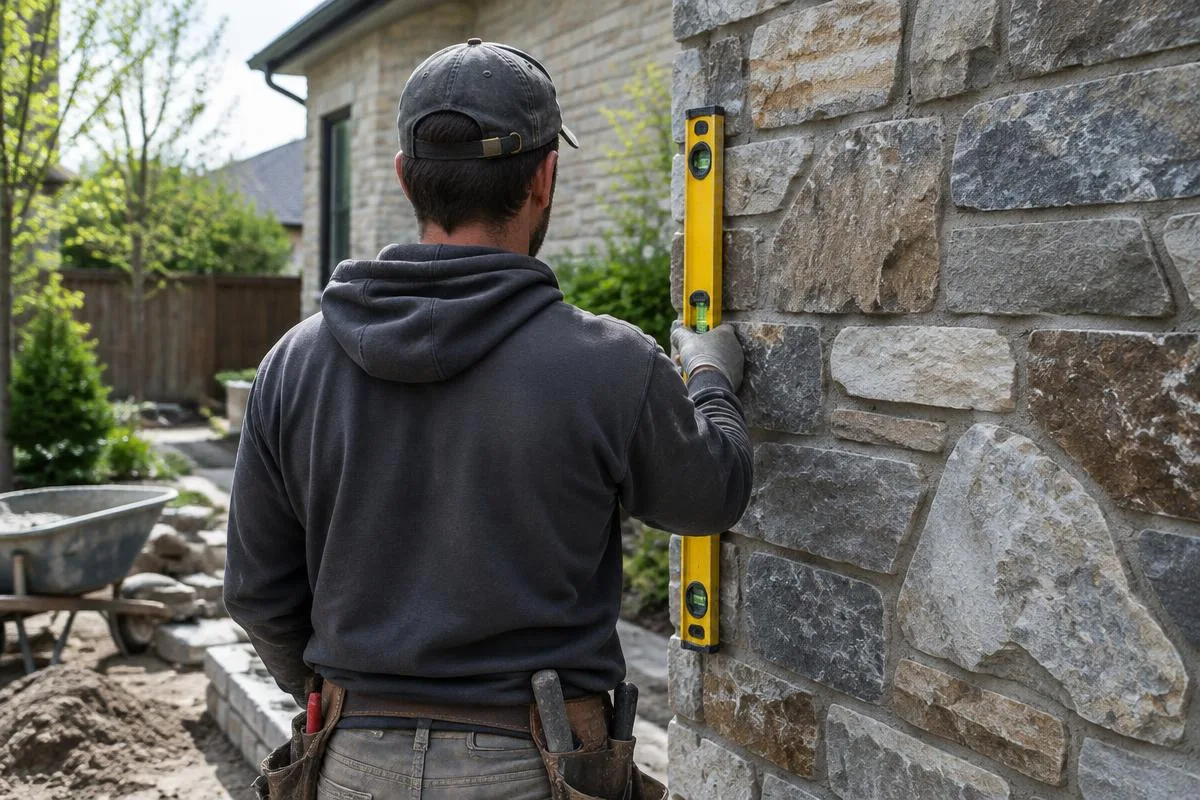 Mason checking a stone wall with a level
