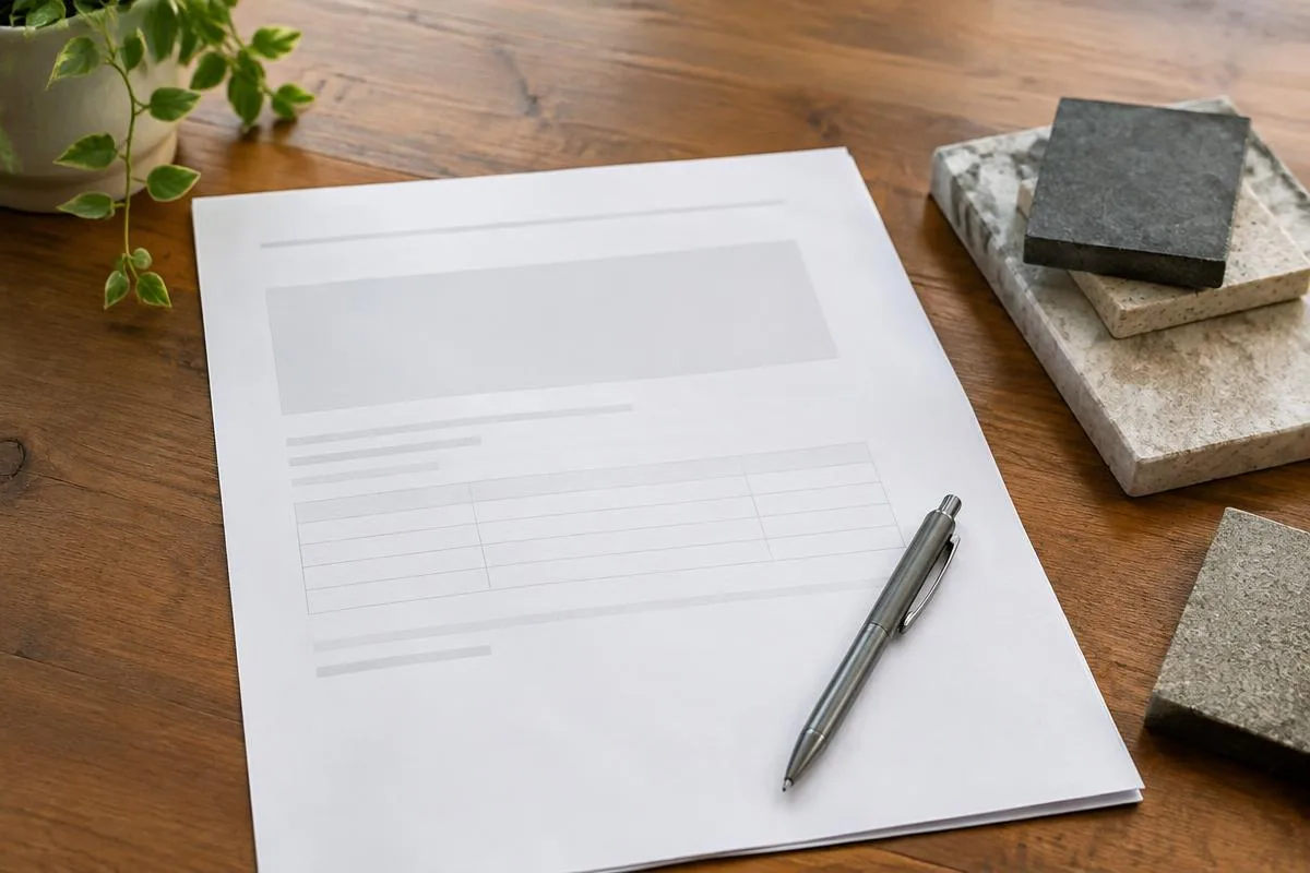 Proposal paperwork and stone samples on a table