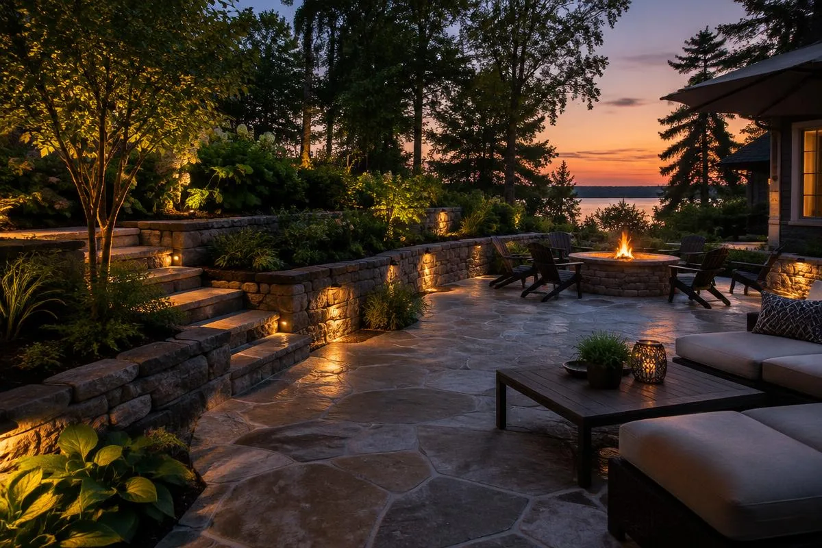 Finished stone patio and walls at dusk with warm landscape lights