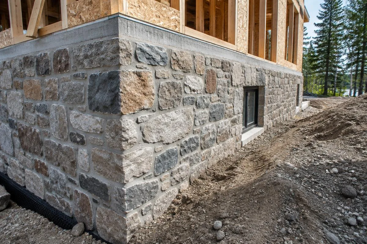 Stone masonry foundation wall on a new build