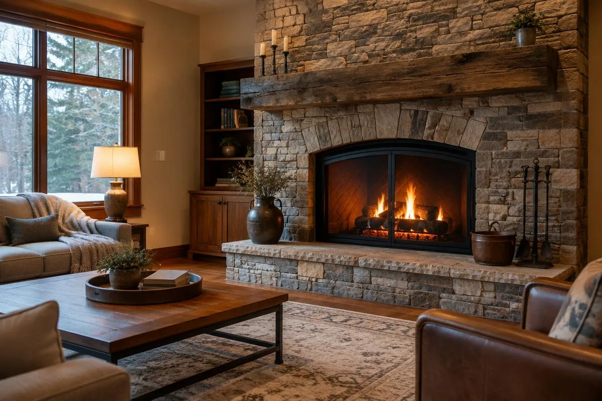 Natural stone fireplace in a living room