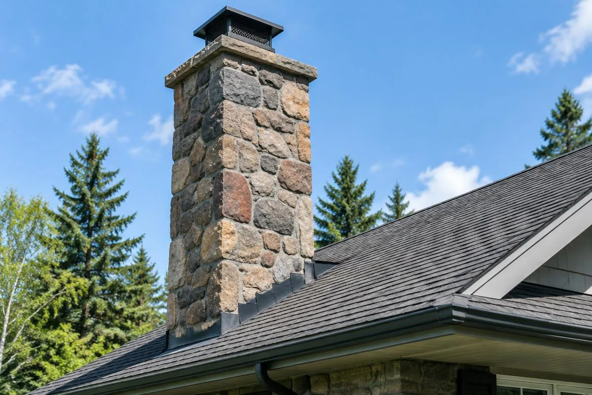 Natural stone chimney on a roofline