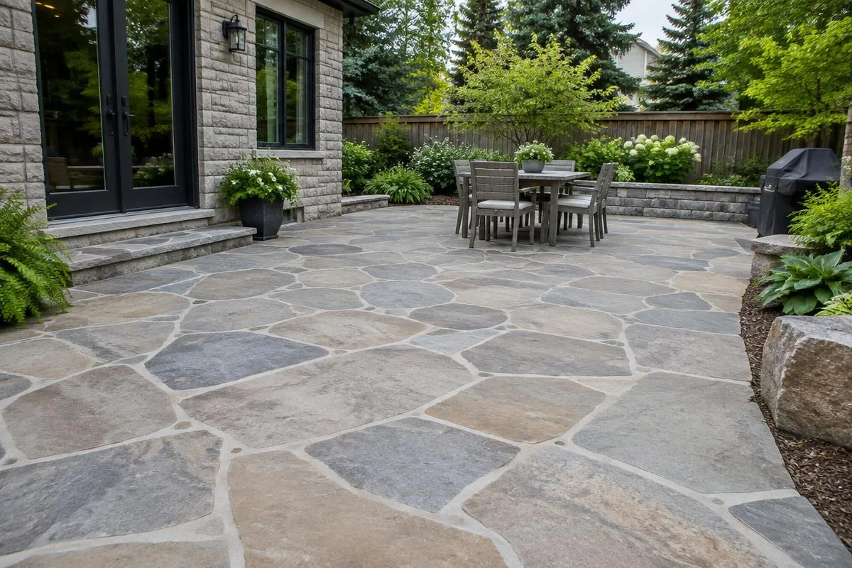 Flagstone patio in a backyard