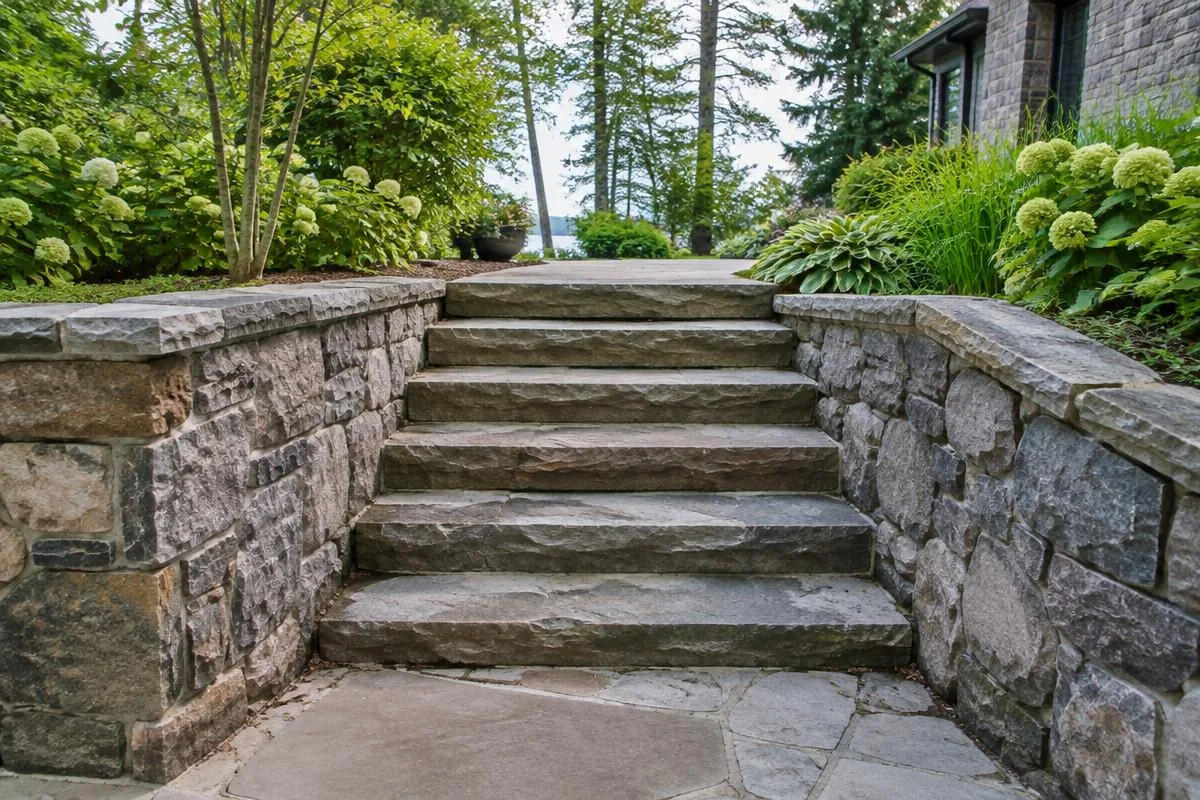 Natural stone outdoor steps with stone side walls
