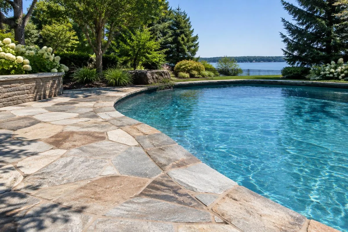 Flagstone pool deck and stone coping