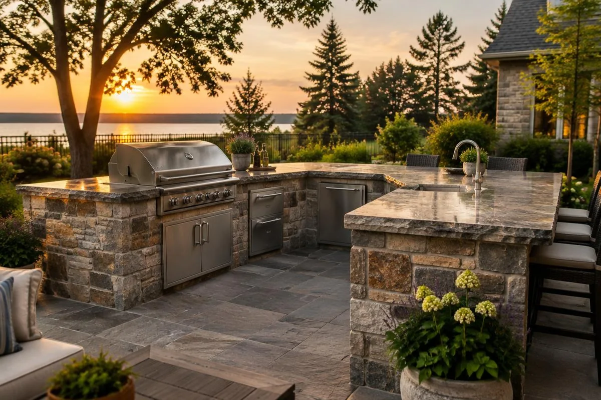 Stone outdoor kitchen with grill