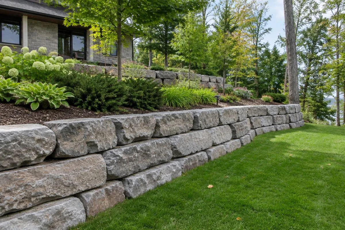 Natural stone retaining wall in a sloped yard