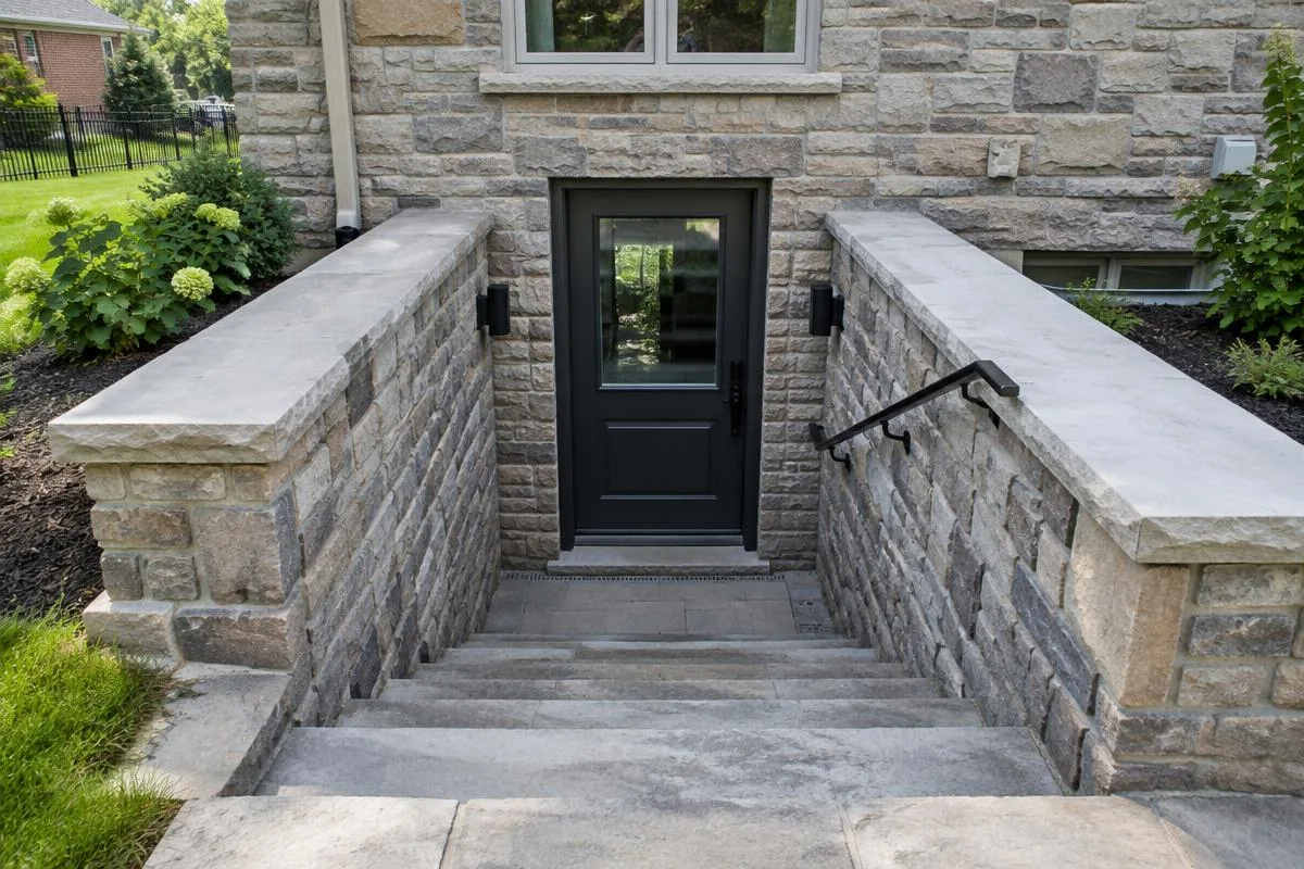 Stone basement walkout entry with steps